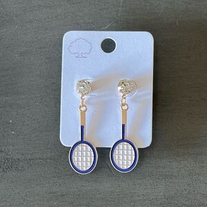 Tennis Racquet Pickle Ball Navy Blue & White Enamel Rhinestone Post Earrings